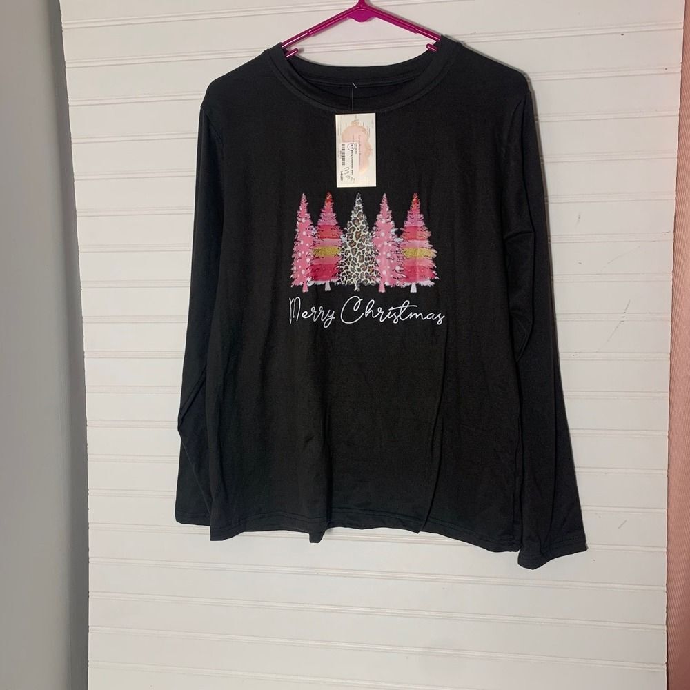 Black Merry‎ Christmas Tree Graphic Long Sleeve Shirt Women's Size M